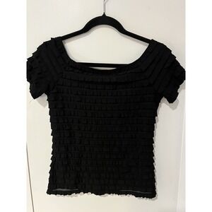 Frank Lyman Ruffle‎ Solid Black Short Sleeve Top Blouse Sz US 6